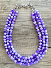 Load image into Gallery viewer, Purple Swirl Statement Necklace, Big Beaded necklace, chunky beaded necklace wedding, lavender jewelry, 3 strand white striped jewelry