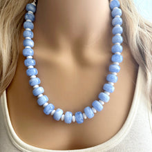 Load image into Gallery viewer, Periwinkle Blue Statement Necklace, chunky bib beaded jewelry, 1 strand sky light blue color block necklace, beaded acrylic donut white