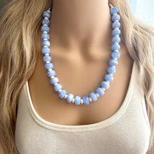 Load image into Gallery viewer, Periwinkle Blue Statement Necklace, chunky bib beaded jewelry, 1 strand sky light blue color block necklace, beaded acrylic donut white