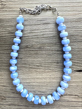 Load image into Gallery viewer, Periwinkle Blue Statement Necklace, chunky bib beaded jewelry, 1 strand sky light blue color block necklace, beaded acrylic donut white