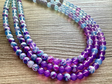 Load image into Gallery viewer, Blues Beach Resort Statement Necklace, Chunky 3 Strand Jewelry, purple violet blue necklace, bib beaded turquoise collar aqua bead lavender