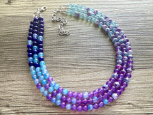 Load image into Gallery viewer, Blues Beach Resort Statement Necklace, Chunky 3 Strand Jewelry, purple violet blue necklace, bib beaded turquoise collar aqua bead lavender
