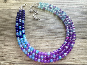Blues Beach Resort Statement Necklace, Chunky 3 Strand Jewelry, purple violet blue necklace, bib beaded turquoise collar aqua bead lavender