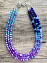 Load image into Gallery viewer, Blues Beach Resort Statement Necklace, Chunky 3 Strand Jewelry, purple violet blue necklace, bib beaded turquoise collar aqua bead lavender