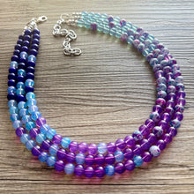 Load image into Gallery viewer, Blues Beach Resort Statement Necklace, Chunky 3 Strand Jewelry, purple violet blue necklace, bib beaded turquoise collar aqua bead lavender