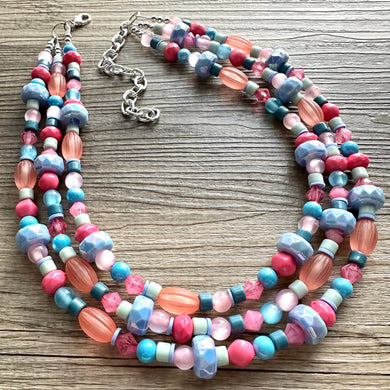 Cotton Candy Confetti Necklace, Pink & blue Baby Gender Reveal Party Present, blush pink baby blue chunky beaded necklace periwinkle coral