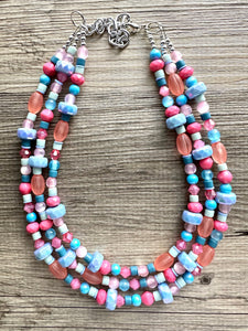 Cotton Candy Confetti Necklace, Pink & blue Baby Gender Reveal Party Present, blush pink baby blue chunky beaded necklace periwinkle coral