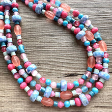 Load image into Gallery viewer, Cotton Candy Confetti Necklace, Pink &amp; blue Baby Gender Reveal Party Present, blush pink baby blue chunky beaded necklace periwinkle coral