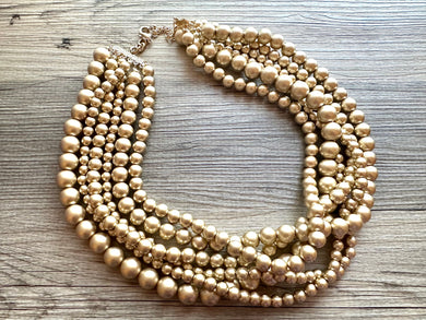 Three Strand Gold chunky statement necklace, big beaded jewelry, gifts for women, bib jewelry Multi-Strand necklace, gold beaded necklace