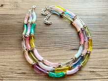 Load image into Gallery viewer, Rock Candy Rainbow Chunky Statement Necklace, resin necklace, pink blue gemstone necklace, colorful jewelry, beaded necklace metallic