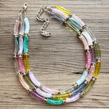 Load image into Gallery viewer, Rock Candy Rainbow Chunky Statement Necklace, resin necklace, pink blue gemstone necklace, colorful jewelry, beaded necklace metallic