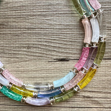 Load image into Gallery viewer, Rock Candy Rainbow Chunky Statement Necklace, resin necklace, pink blue gemstone necklace, colorful jewelry, beaded necklace metallic