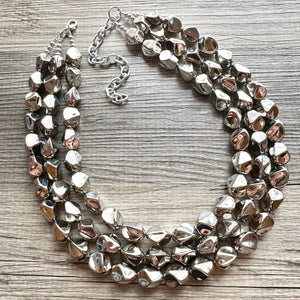 Silver Royale chunky statement necklace, big beaded jewelry, gifts for women bib earrings Multi-Strand gray metallic resin metallic mirror