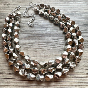 Silver Royale chunky statement necklace, big beaded jewelry, gifts for women bib earrings Multi-Strand gray metallic resin metallic mirror