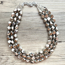 Load image into Gallery viewer, Silver Royale chunky statement necklace, big beaded jewelry, gifts for women bib earrings Multi-Strand gray metallic resin metallic mirror