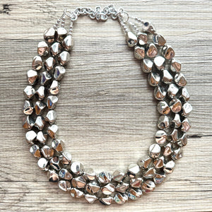 Silver Royale chunky statement necklace, big beaded jewelry, gifts for women bib earrings Multi-Strand gray metallic resin metallic mirror