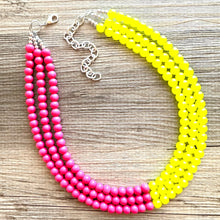 Load image into Gallery viewer, Raspberry Lemonade chunky necklace, pink beaded jewelry, resin beaded hot pink necklace, lemon bib statement magenta blush yellow