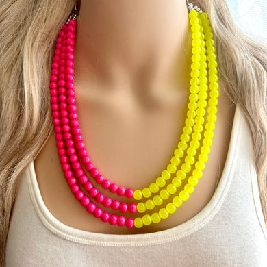 Raspberry Lemonade chunky necklace, pink beaded jewelry, resin beaded hot pink necklace, lemon bib statement magenta blush yellow