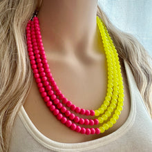Load image into Gallery viewer, Raspberry Lemonade chunky necklace, pink beaded jewelry, resin beaded hot pink necklace, lemon bib statement magenta blush yellow