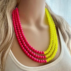 Raspberry Lemonade chunky necklace, pink beaded jewelry, resin beaded hot pink necklace, lemon bib statement magenta blush yellow