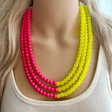 Load image into Gallery viewer, Raspberry Lemonade chunky necklace, pink beaded jewelry, resin beaded hot pink necklace, lemon bib statement magenta blush yellow