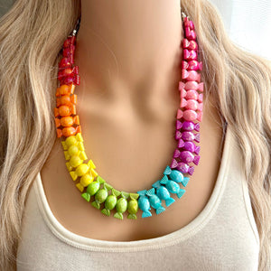 Rainbow Statement Necklace, candy chunky 1 strand jewelry, colorful necklace, jewel tone girls bubblegum single strand silver necklace