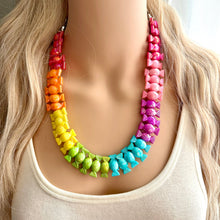 Load image into Gallery viewer, Rainbow Statement Necklace, candy chunky 1 strand jewelry, colorful necklace, jewel tone girls bubblegum single strand silver necklace