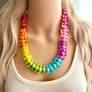 Rainbow Statement Necklace, candy chunky 1 strand jewelry, colorful necklace, jewel tone girls bubblegum single strand silver necklace