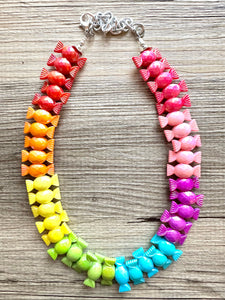 Rainbow Statement Necklace, candy chunky 1 strand jewelry, colorful necklace, jewel tone girls bubblegum single strand silver necklace