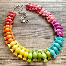 Load image into Gallery viewer, Rainbow Statement Necklace, candy chunky 1 strand jewelry, colorful necklace, jewel tone girls bubblegum single strand silver necklace