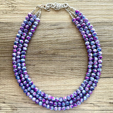 Load image into Gallery viewer, Purple &amp; Blue TIE DYE 3 strand Beaded Statement Necklace, Chunky Bib aqua and Pink Multi-Strand Jewelry Light swirl magenta periwinkle