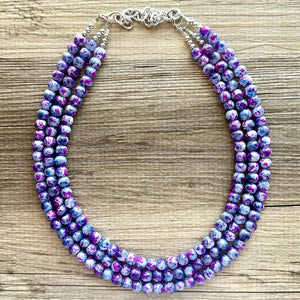 Purple & Blue TIE DYE 3 strand Beaded Statement Necklace, Chunky Bib aqua and Pink Multi-Strand Jewelry Light swirl magenta periwinkle