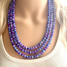 Load image into Gallery viewer, Purple &amp; Blue TIE DYE 3 strand Beaded Statement Necklace, Chunky Bib aqua and Pink Multi-Strand Jewelry Light swirl magenta periwinkle