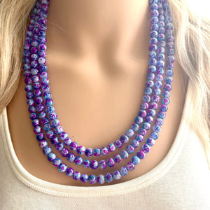 Purple & Blue TIE DYE 3 strand Beaded Statement Necklace, Chunky Bib aqua and Pink Multi-Strand Jewelry Light swirl magenta periwinkle