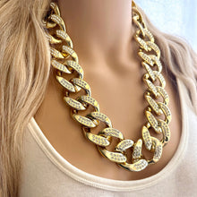 Load image into Gallery viewer, Gold rhinestone Linking Chain Choker shirt necklace, stunning elegant silver gold statement bib necklace layering chunky golden thick