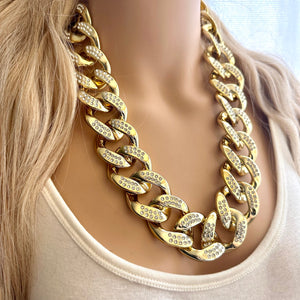 Gold rhinestone Linking Chain Choker shirt necklace, stunning elegant silver gold statement bib necklace layering chunky golden thick