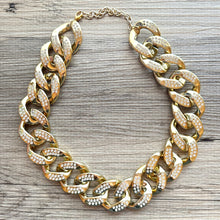 Load image into Gallery viewer, Gold rhinestone Linking Chain Choker shirt necklace, stunning elegant silver gold statement bib necklace layering chunky golden thick