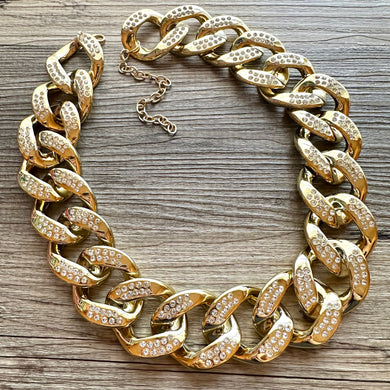 Gold rhinestone Linking Chain Choker shirt necklace, stunning elegant silver gold statement bib necklace layering chunky golden thick