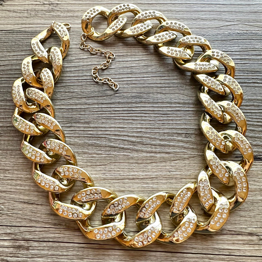 Gold rhinestone Linking Chain Choker shirt necklace, stunning elegant silver gold statement bib necklace layering chunky golden thick