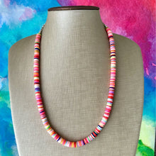 Load image into Gallery viewer, Long Rainbow Row Heishi Beaded Necklace, Colorful Jewelry, Chunky statement necklace, beaded necklace, color block necklace pride plus size