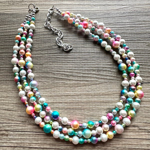 Cotton Candy Clouds Necklace, Chunky Statement Jewelry, Bib Necklace Pearl Necklace colorful Bubble Beaded Jewelry, white wedding ombre