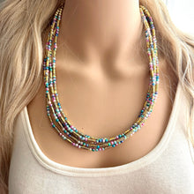 Load image into Gallery viewer, Cosmic Rainbow 5 Strand statement necklace, colorful beaded chunky jewelry, gold metallic jewelry necklace pearl cream white bead ombre