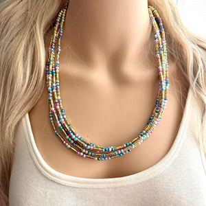Cosmic Rainbow 5 Strand statement necklace, colorful beaded chunky jewelry, gold metallic jewelry necklace pearl cream white bead ombre