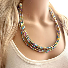 Load image into Gallery viewer, Cosmic Rainbow 5 Strand statement necklace, colorful beaded chunky jewelry, gold metallic jewelry necklace pearl cream white bead ombre