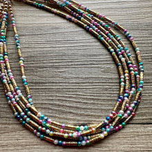 Load image into Gallery viewer, Cosmic Rainbow 5 Strand statement necklace, colorful beaded chunky jewelry, gold metallic jewelry necklace pearl cream white bead ombre