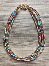 Load image into Gallery viewer, Cosmic Rainbow 5 Strand statement necklace, colorful beaded chunky jewelry, gold metallic jewelry necklace pearl cream white bead ombre