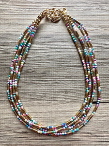 Cosmic Rainbow 5 Strand statement necklace, colorful beaded chunky jewelry, gold metallic jewelry necklace pearl cream white bead ombre