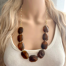 Load image into Gallery viewer, Bourbon Brown &amp; Gold Long Necklace, dark brown bead necklace, single strand bib necklace, brown resin statement layering jewelry chocolate