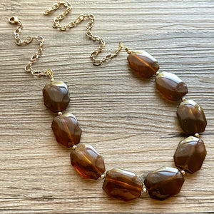 Bourbon Brown & Gold Long Necklace, dark brown bead necklace, single strand bib necklace, brown resin statement layering jewelry chocolate