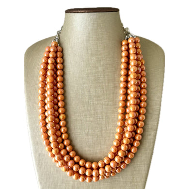 Chunky Multi 5 Strand Statement Necklace, orange peel beaded jewelry, shiny orange jewelry, chunky bib metallic ball beads